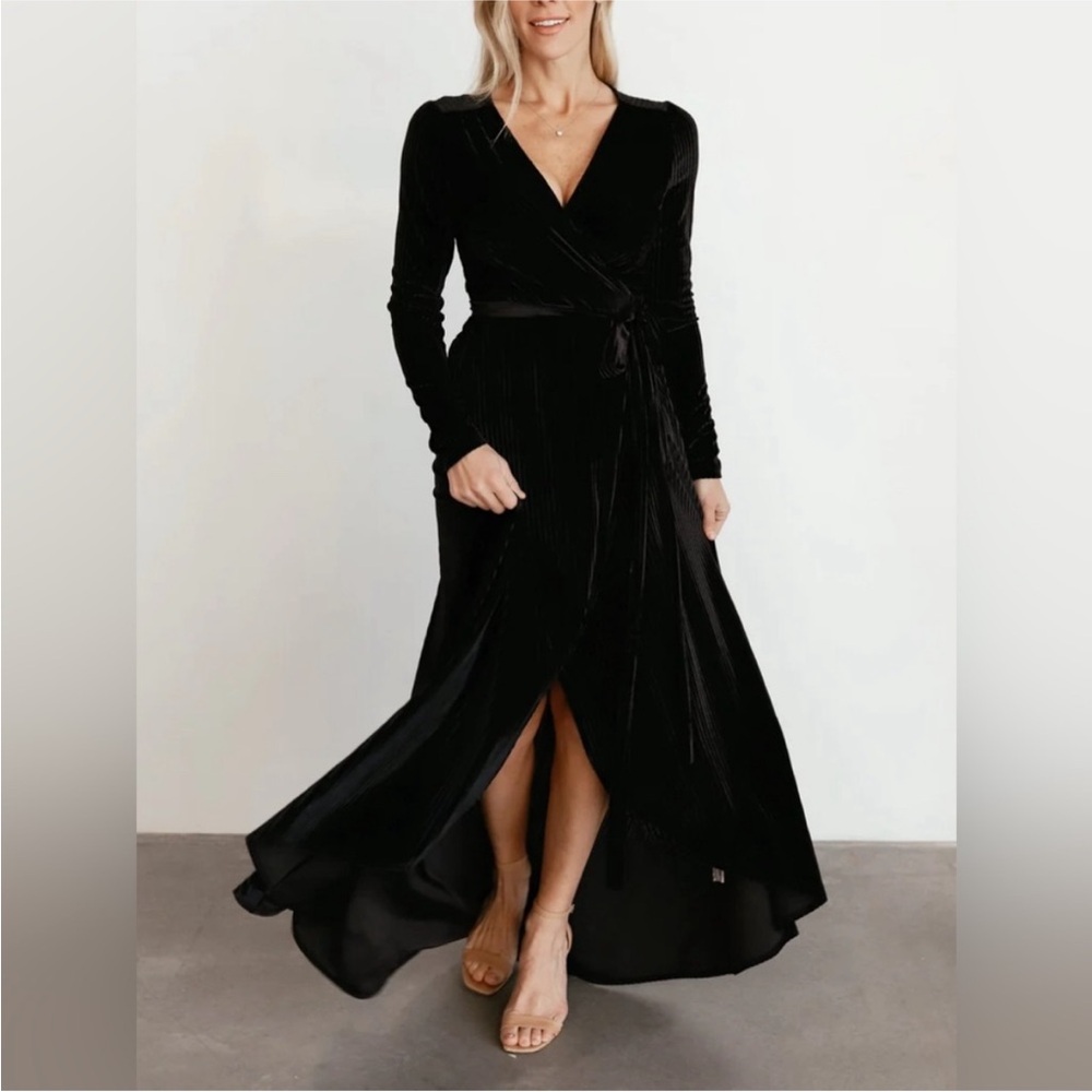 Baltic Born Ribbed Velvet Black Wrap Dress - Long